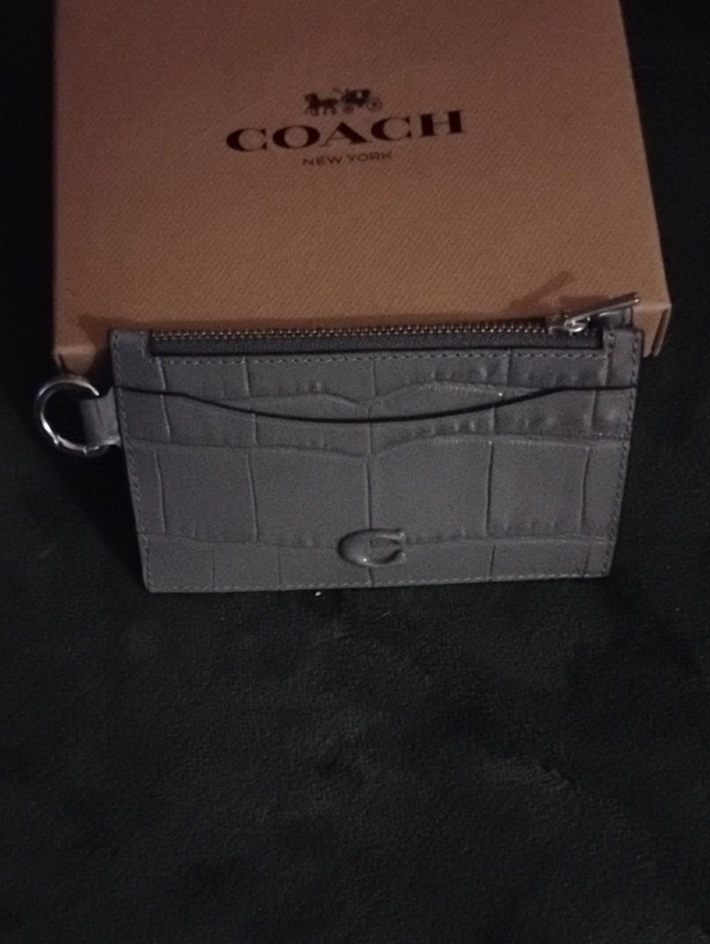 Coach Gray Croc-Embossed Leather Card Case with Key Ring NWT